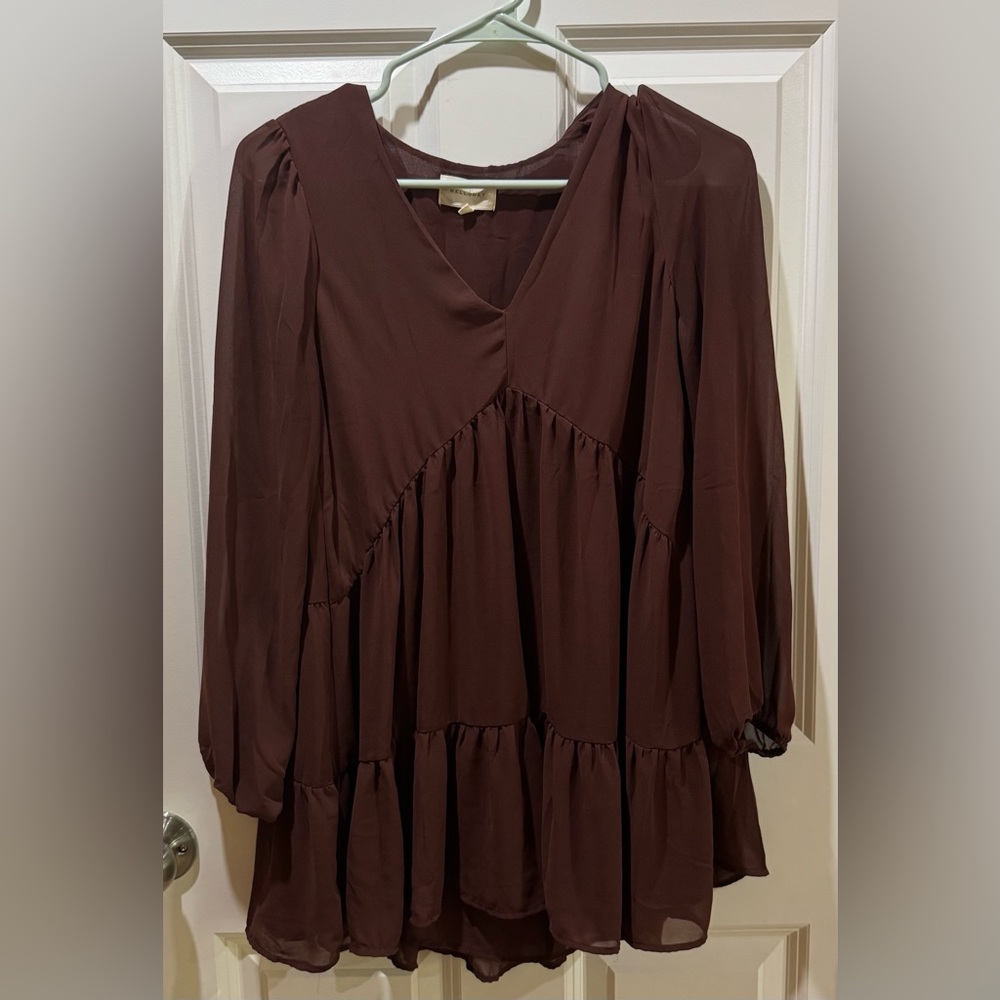 MELLODAY Burgundy V-Neck Bishop Sleeve Blouse
